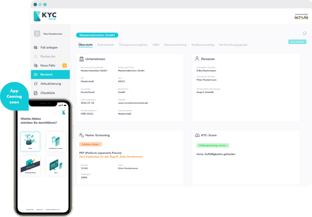 Screenshot der KYCnow App und PC Plattform